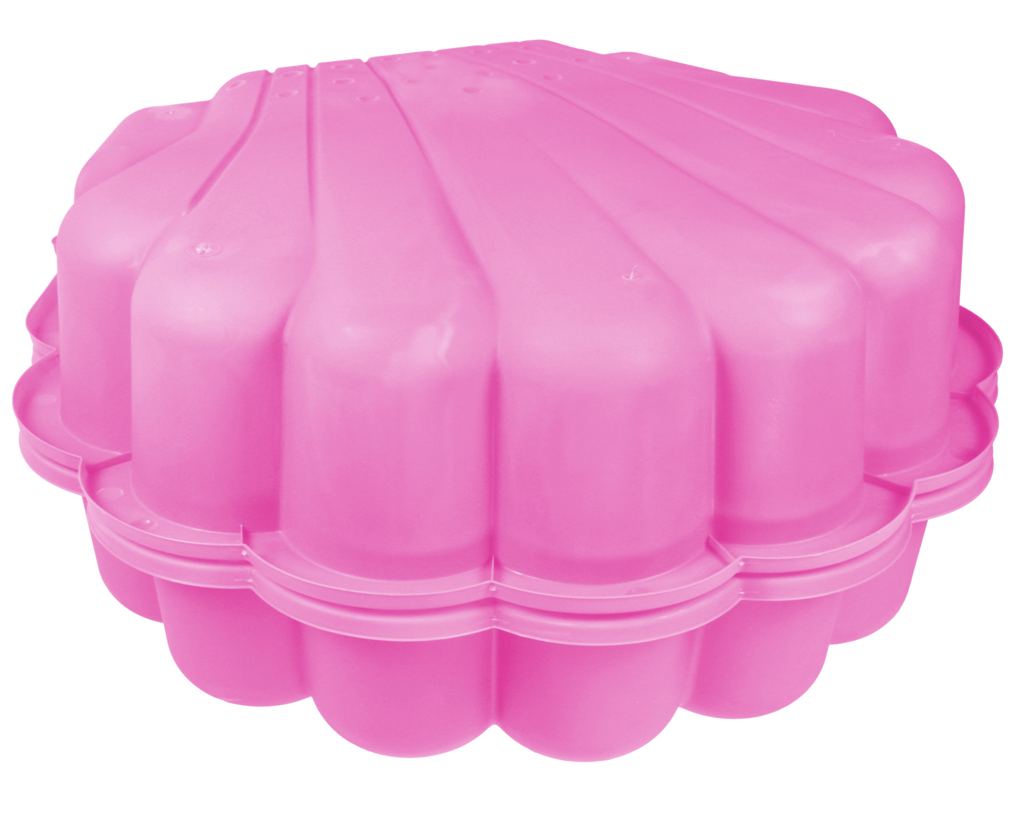 Ein rosa Muschel-Sandkasten für Kinder.