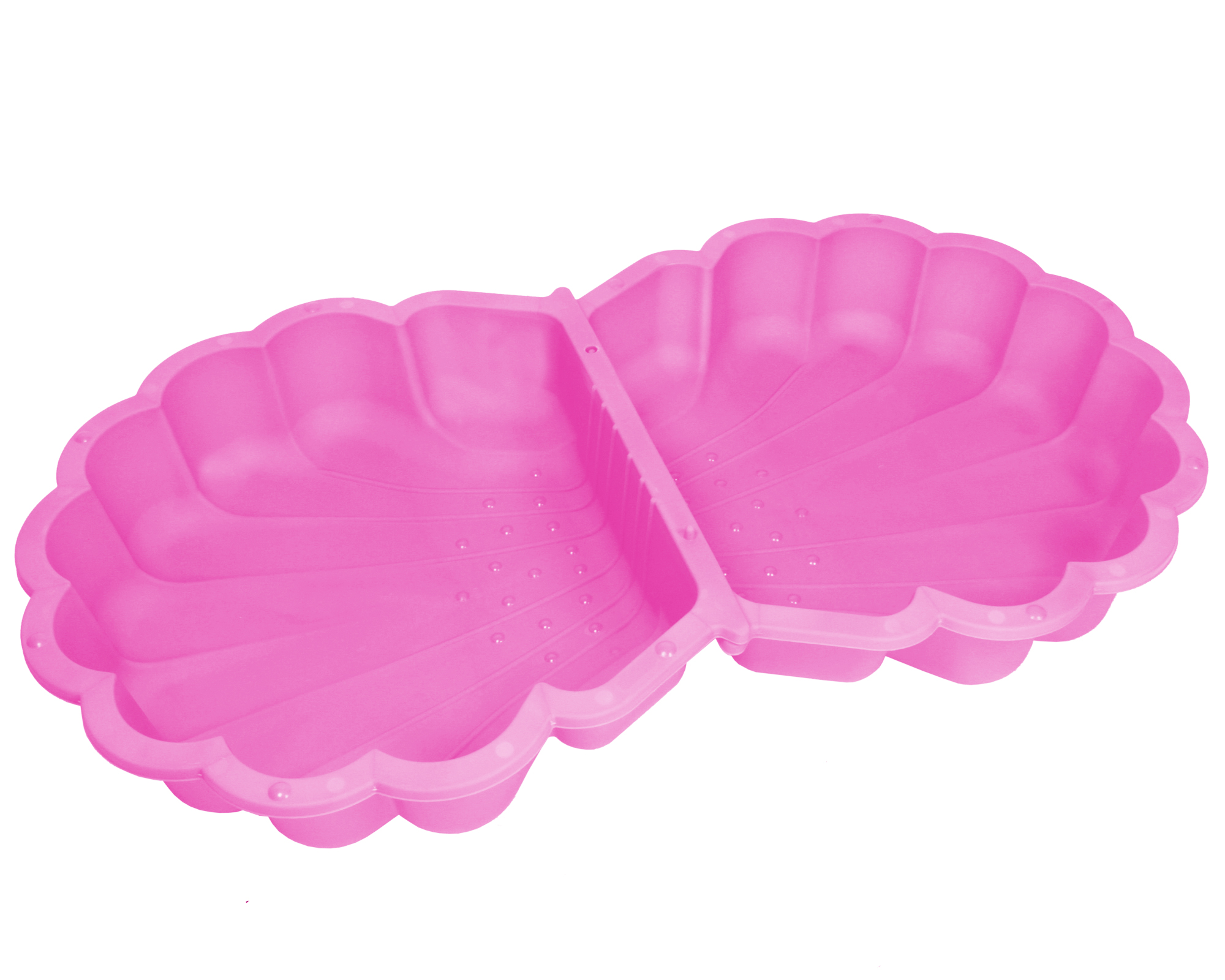 Eine leere, pinke Muschelform aus Silikon mit zwei Fächern.