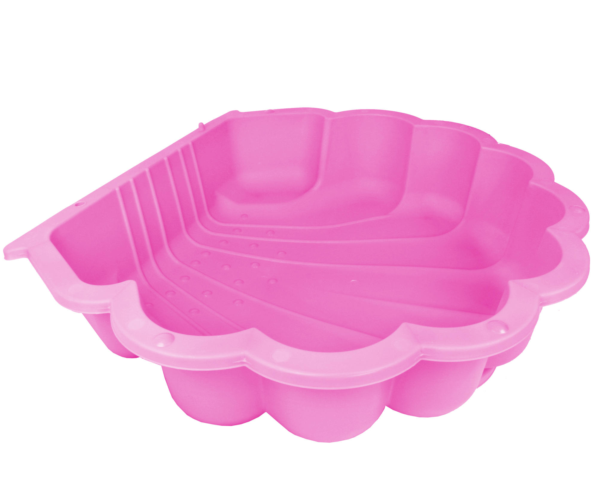 Eine rosa Muschel-Sandform mit Rippen und Noppen auf der Innenseite.