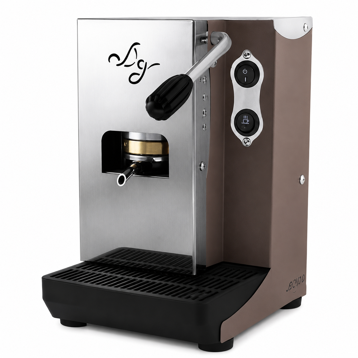 Una moderna macchina per espresso con cassa in metallo spazzolato e marrone, con leva e pulsanti.
