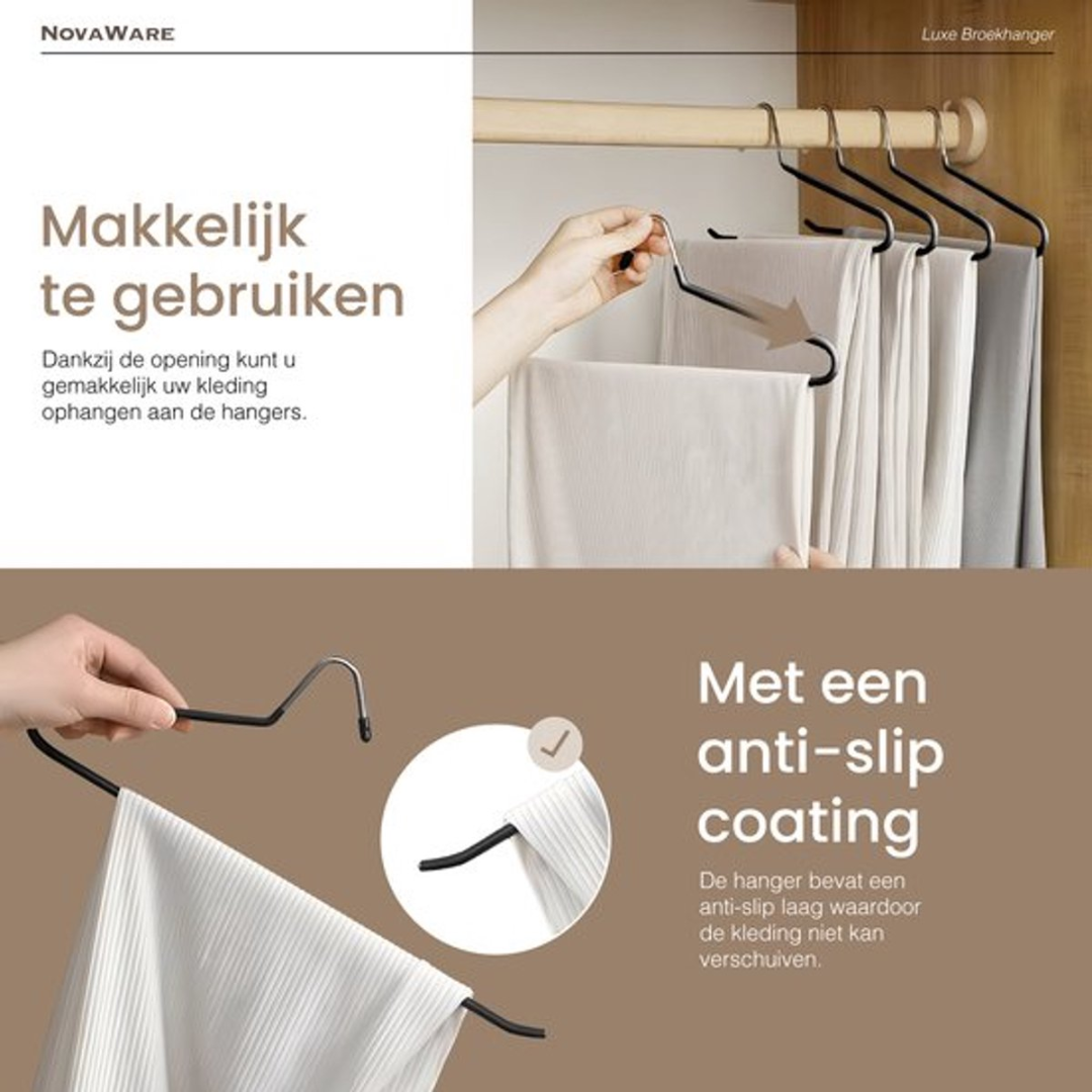 Broekhanger met ophangoog en anti-slip coating in een kast.