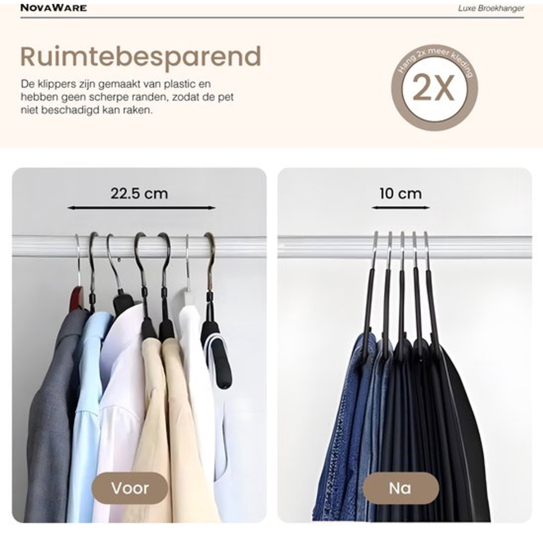 Twee kledinghanger vergelijkingen: 22,5 cm voor overhemden, 10 cm voor broeken.