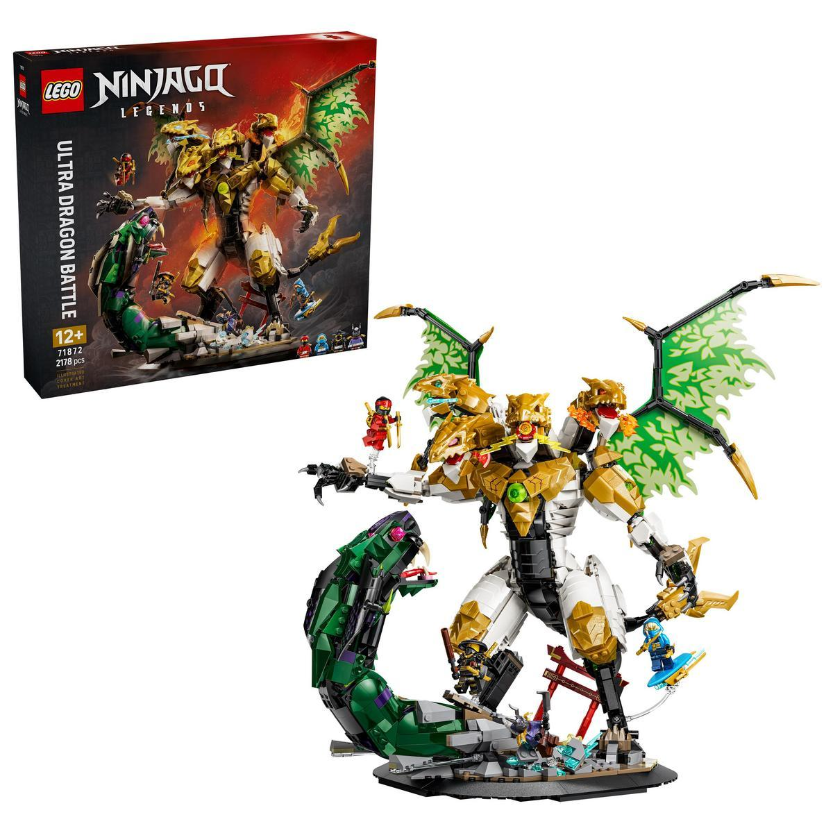 Set LEGO Ninjago Battaglia del Drago Ultra con drago, figure e scatola.