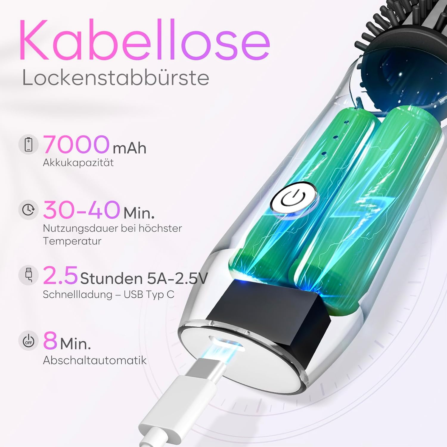 Kabellose Lockenbürste mit 7000 mAh, 30-40 Min. Laufzeit, 2,5 Std. Schnellladung, 8 Min. Abschaltautomatik.