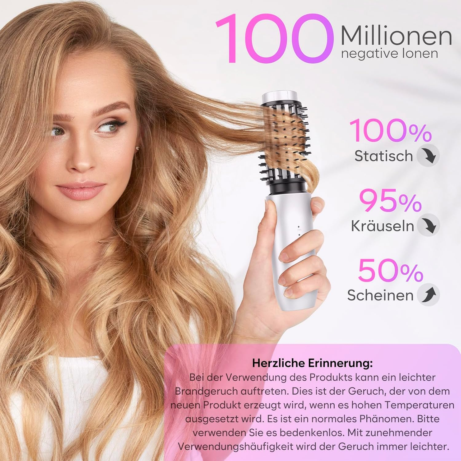 Eine Frau mit blonden Haaren benutzt einen Lockenstab, der 100 Millionen negative Ionen erzeugt.