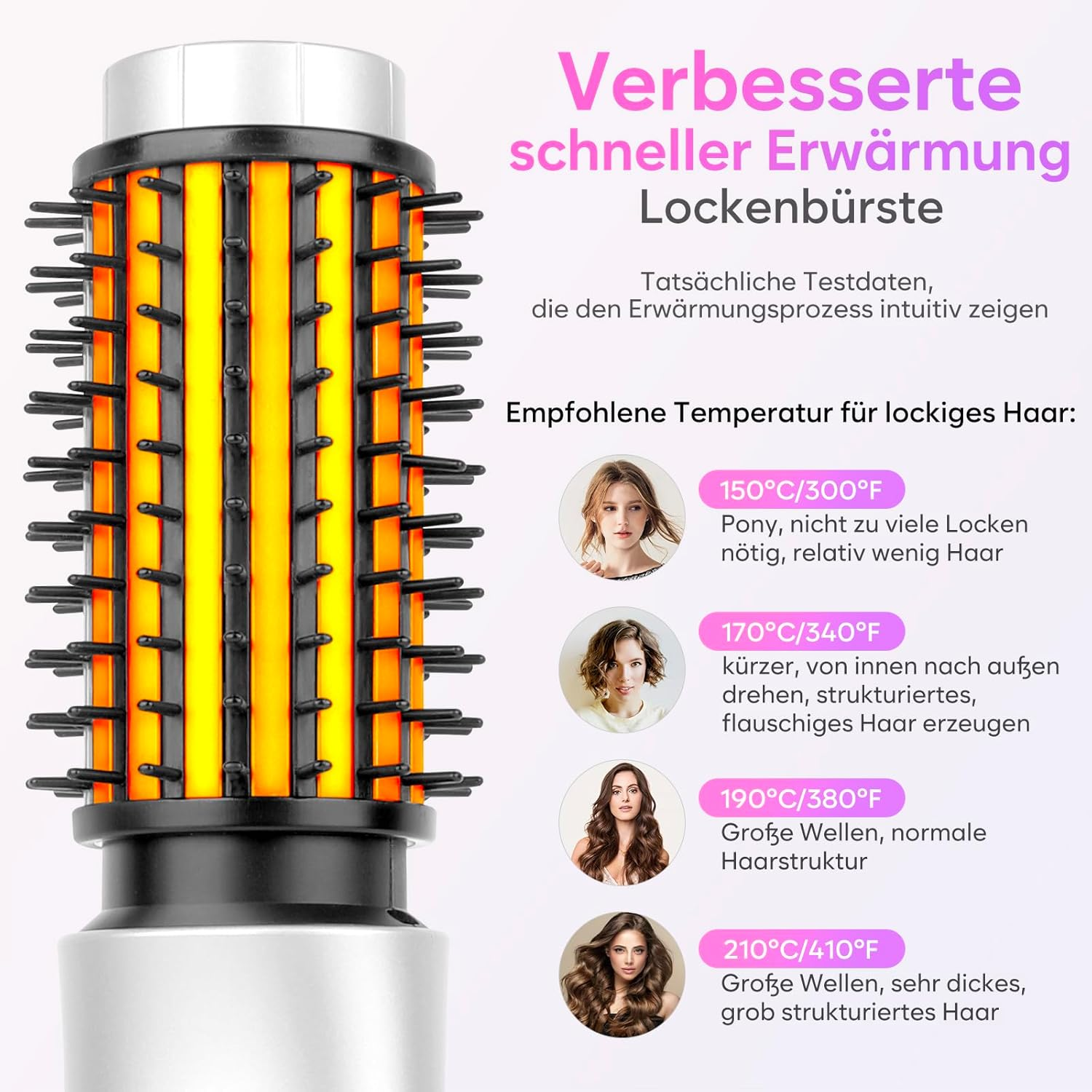 Eine Lockenbürste mit orangefarbenen Heizelementen und schwarzen Borsten, daneben Temperaturangaben für Haartypen.