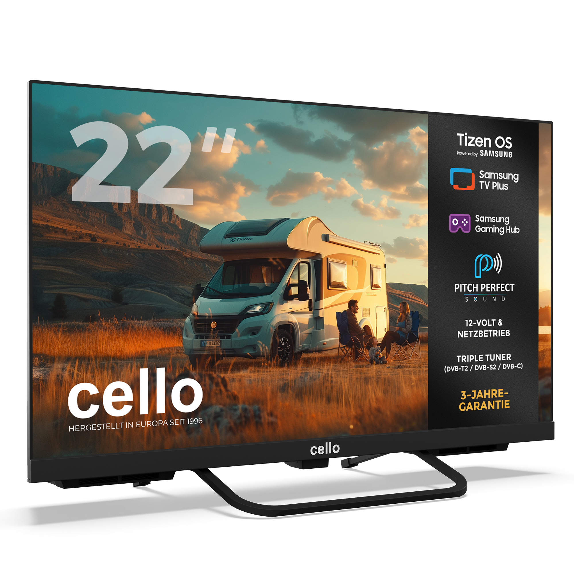 22-Zoll-Fernseher mit Wohnmobil-Szene, Tizen OS, Samsung TV Plus & Gaming Hub.
