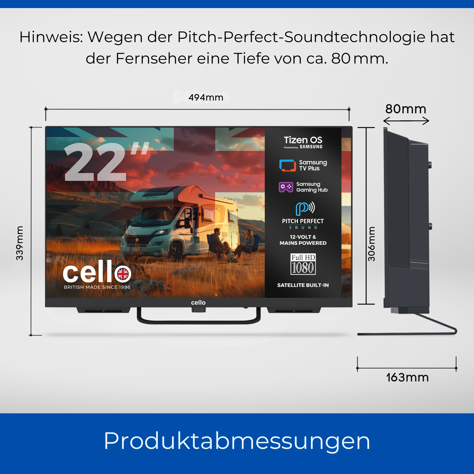 Ein 22-Zoll-Fernseher mit einem Wohnmobil-Bild, Maße 494x339x80mm.