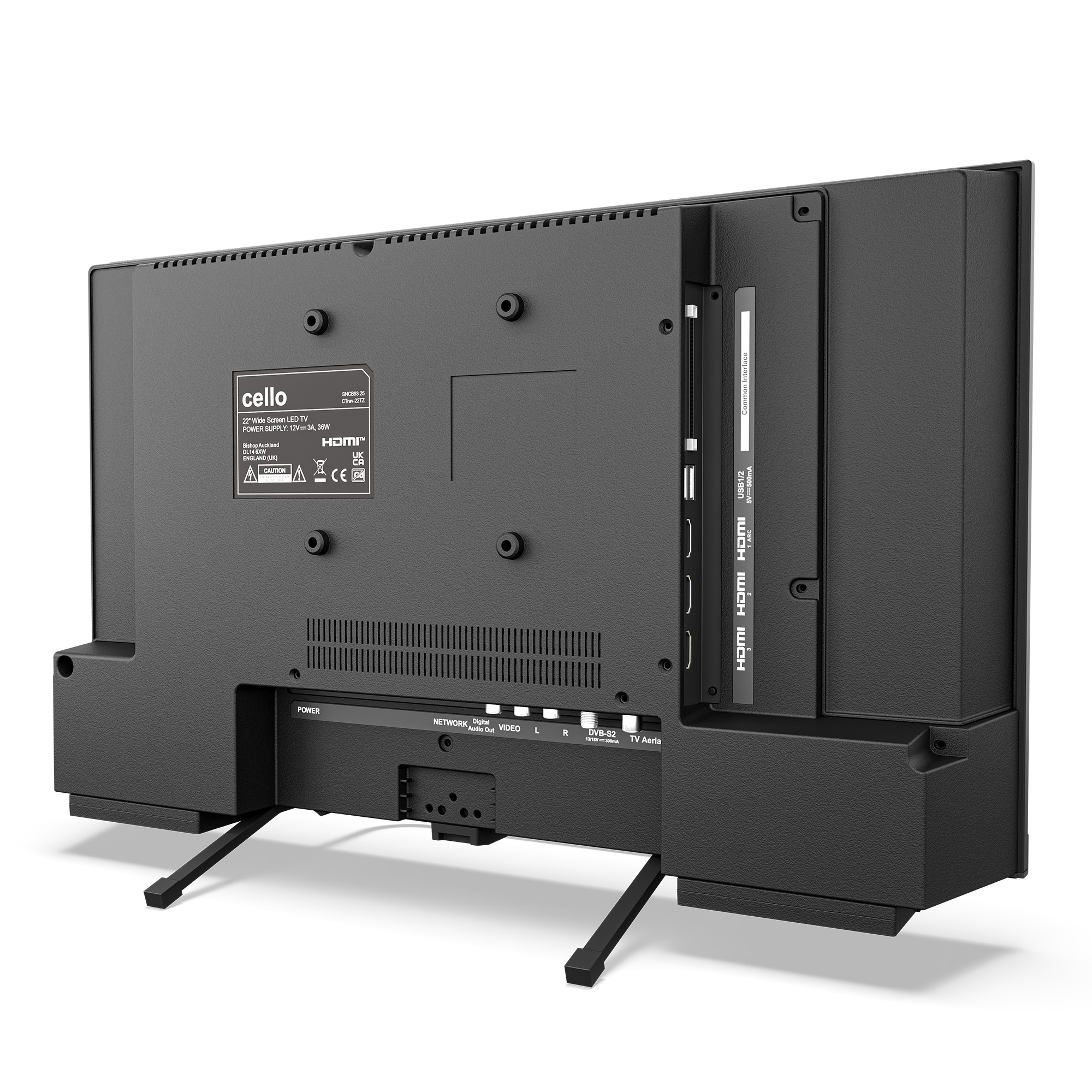 Rückseite eines schwarzen 22-Zoll-LED-Fernsehers mit Anschlüssen.