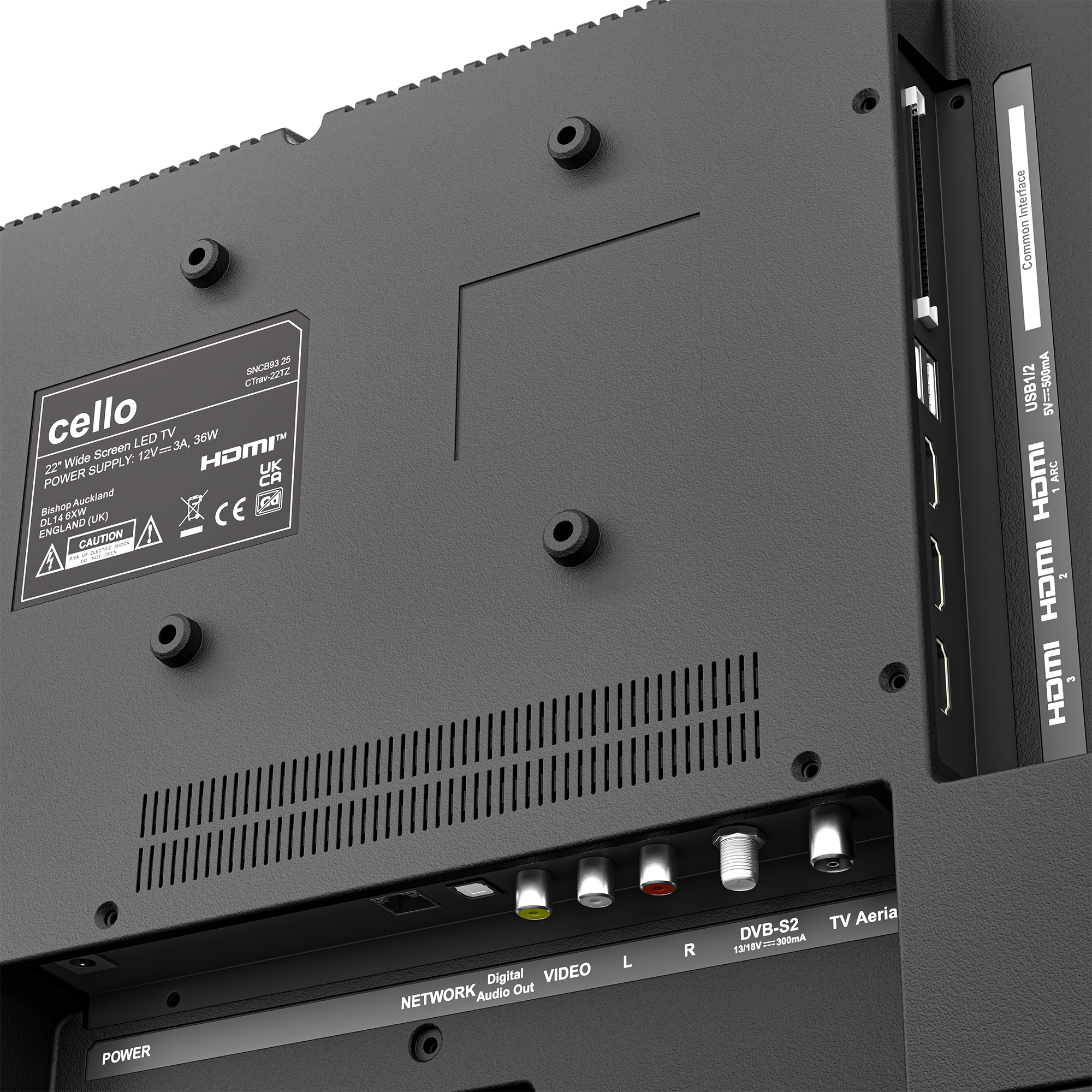 Rückseite eines Fernsehers mit Anschlüssen: HDMI, USB, Netzwerk und Antenne.