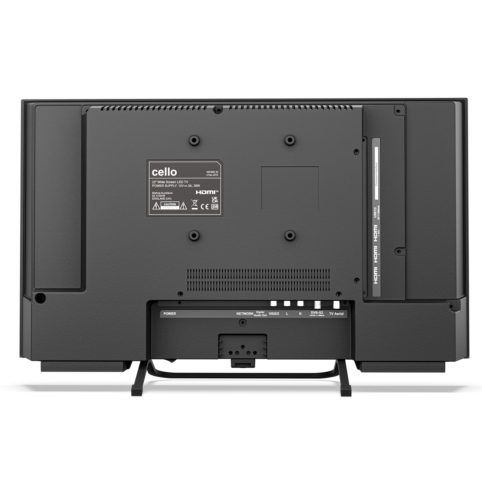 Rückseite eines schwarzen Fernsehers mit Anschlüssen wie HDMI, USB und Strom.