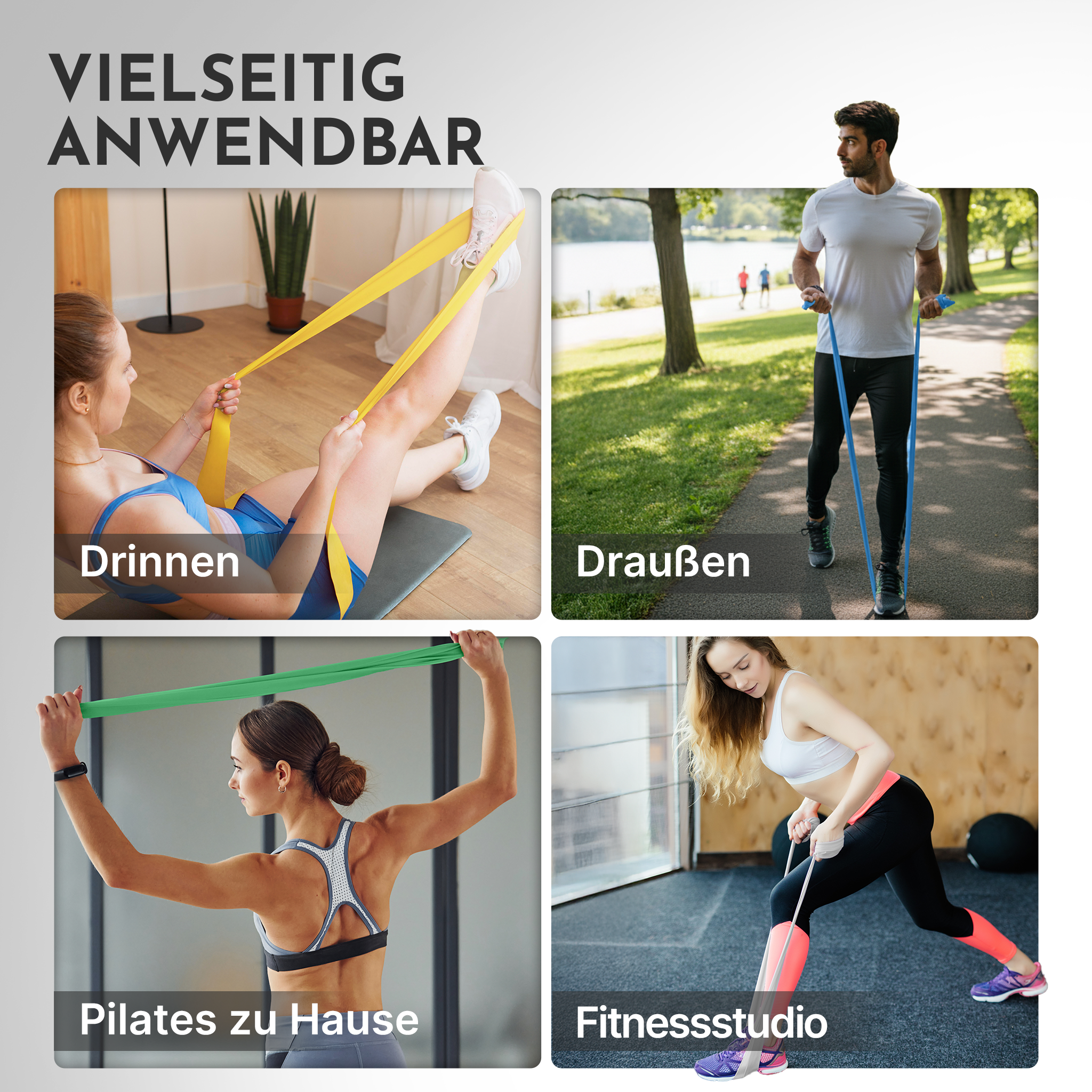 Vier Szenen: Frau mit gelbem Band drinnen, Mann mit blauem Band draußen, Frau mit grünem Band, Frau mit Band im Fitnessstudio.