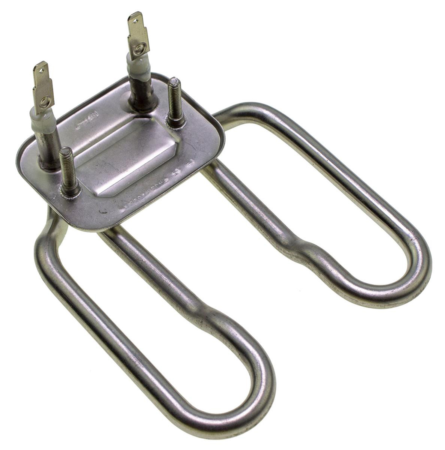Ein gebogener Metallheizstab mit zwei Anschlüssen und Befestigungsschrauben.