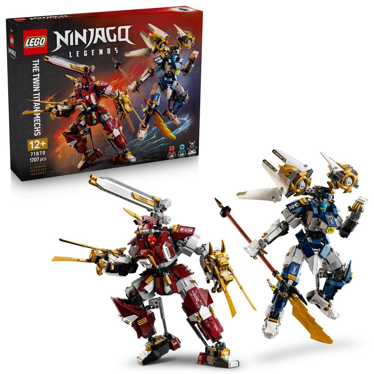 Dos mechs LEGO Ninjago, rojo y azul, junto a una caja de producto.