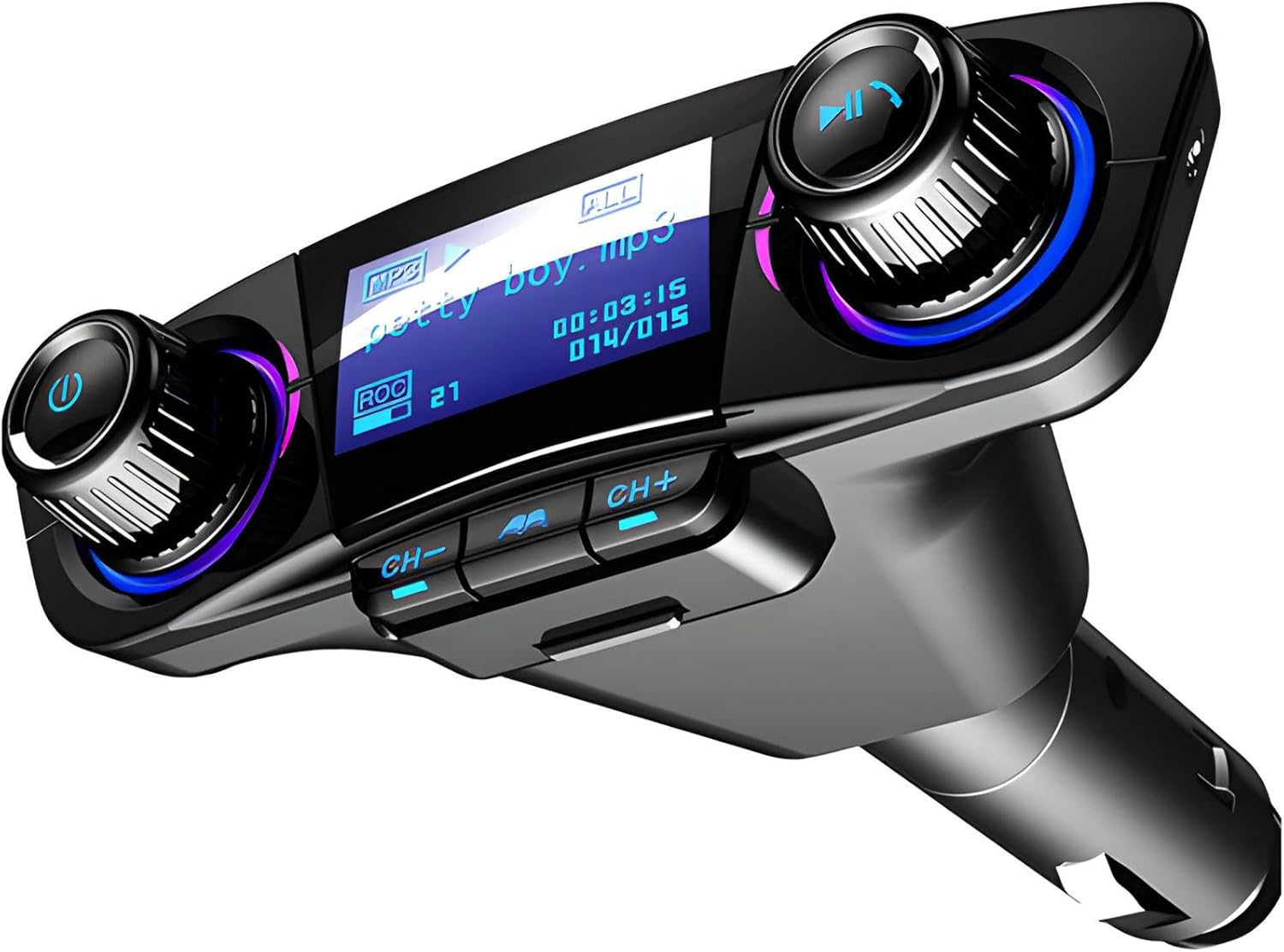 Schwarzer MP3-Player mit LCD-Bildschirm, Drehreglern und Tasten.