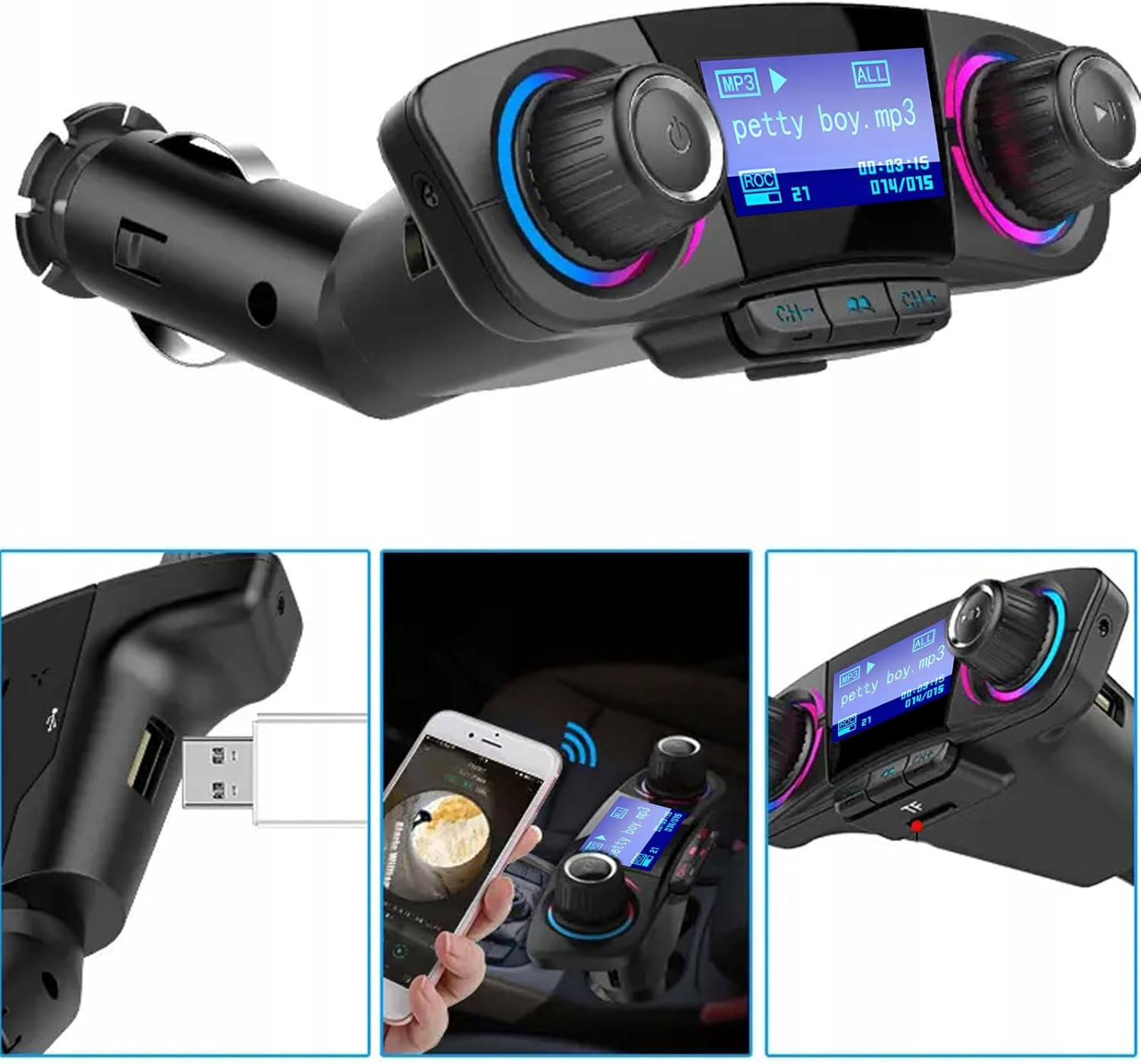 Schwarzer Auto-MP3-Player mit USB- und Telefonanschluss. Bildschirm zeigt Songtitel.