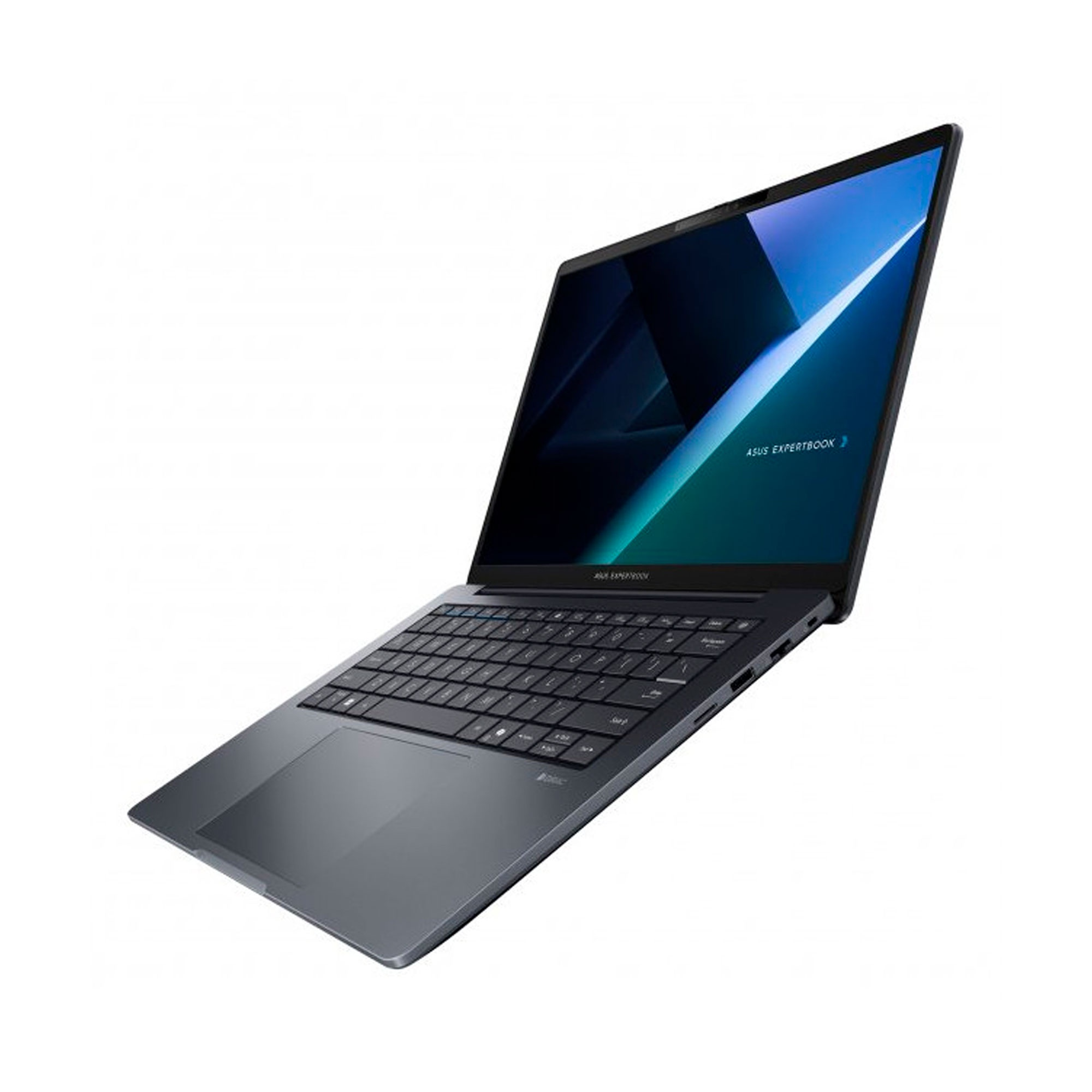 Un portátil ASUS ExpertBook gris oscuro está abierto, mostrando un fondo de pantalla abstracto azul y verde.