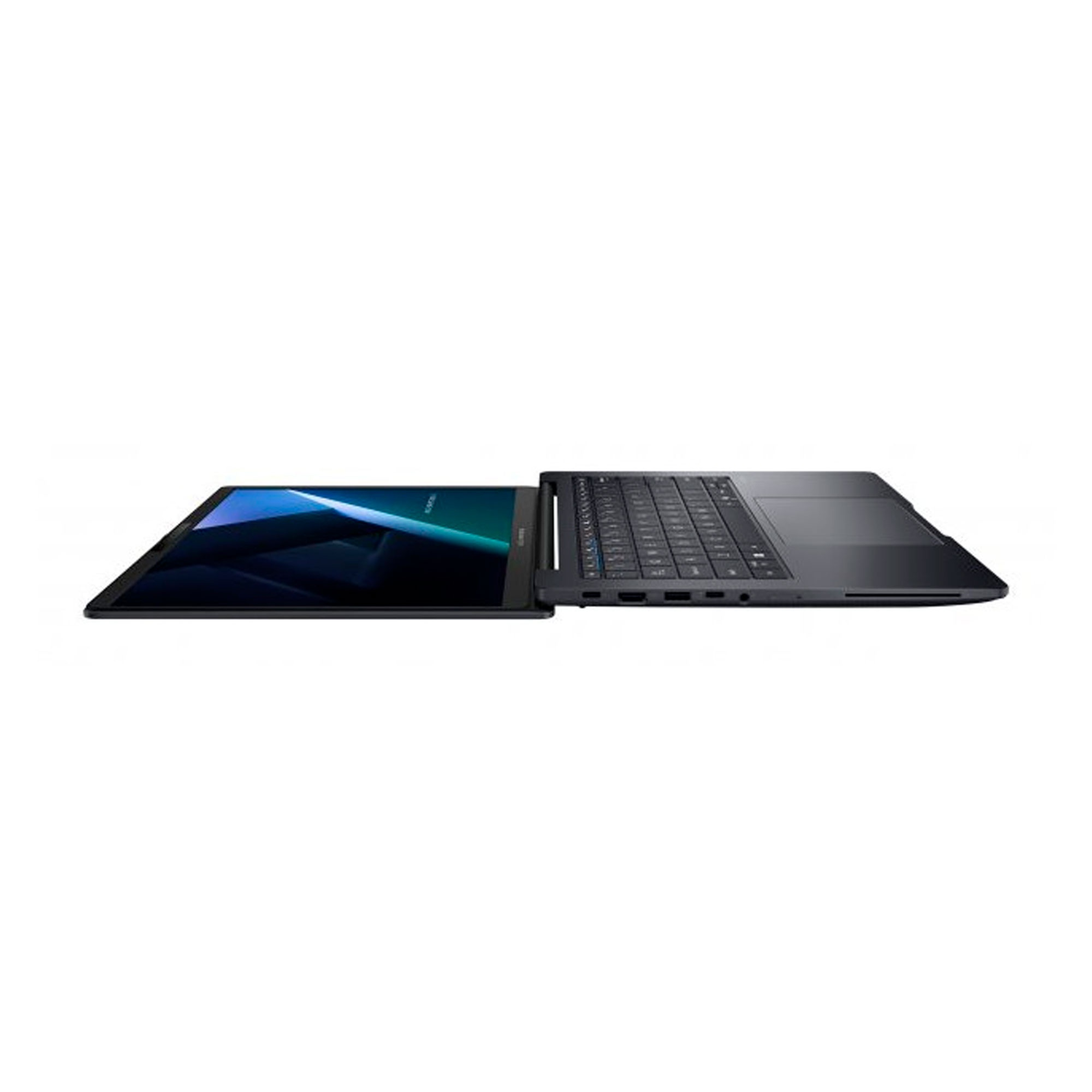 Un portátil negro abierto que muestra una pantalla azul con teclado visible.