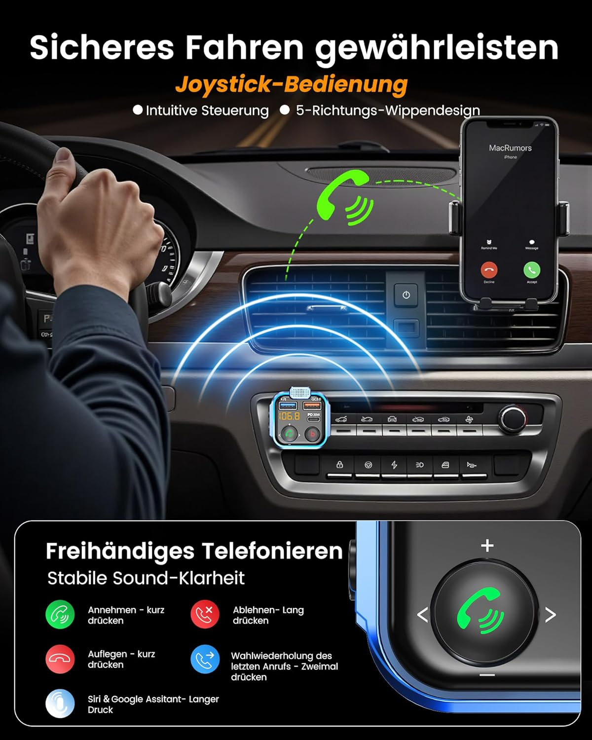 Armaturenbrett im Auto mit Handyhalterung, Bluetooth-Gerät und Bedienelementen. Hand am Lenkrad.