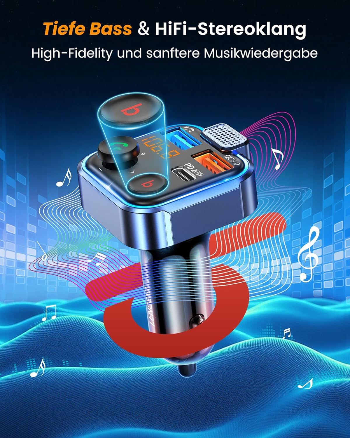 Ein Bluetooth-Autoladegerät mit PD/QC3.0-Anschlüssen und Musiksرمز auf blauem Hintergrund.