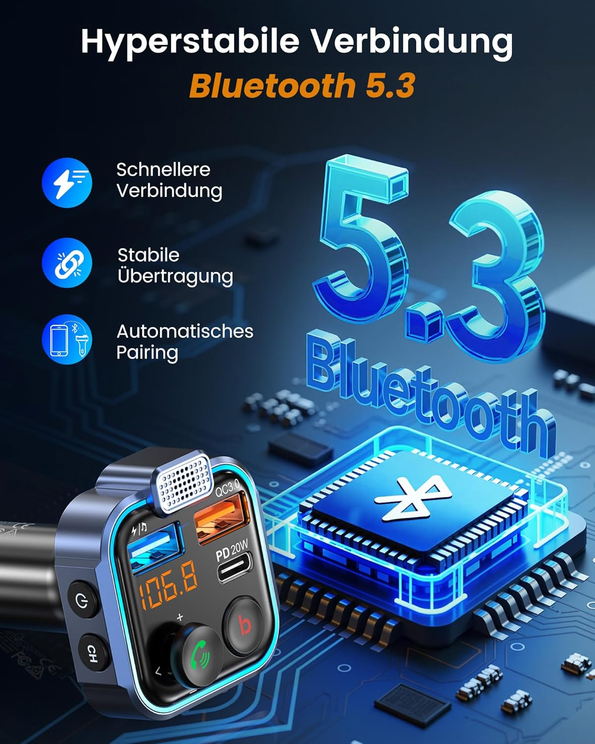 Bluetooth 5.3 Autoladegerät mit PD- und QC3.0-Anschlüssen. Zeigt Frequenz an.