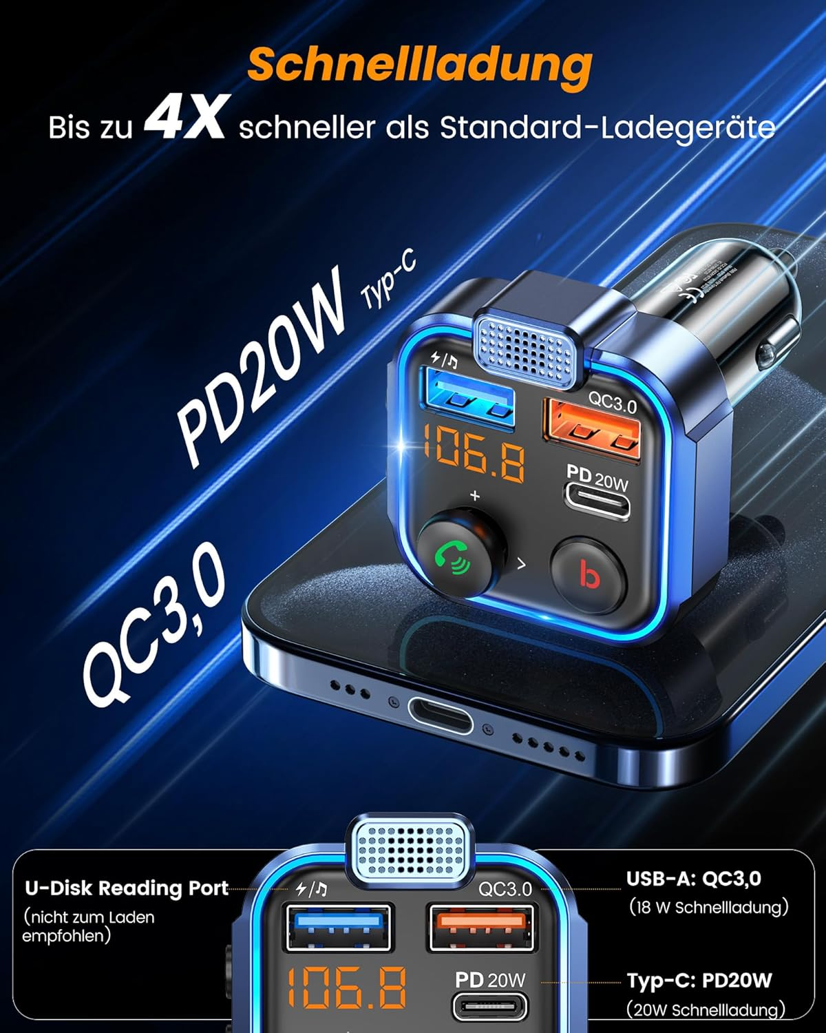 Blauer USB-Ladeadapter mit zwei Anschlüssen und Digitalanzeige, der ein Smartphone lädt.