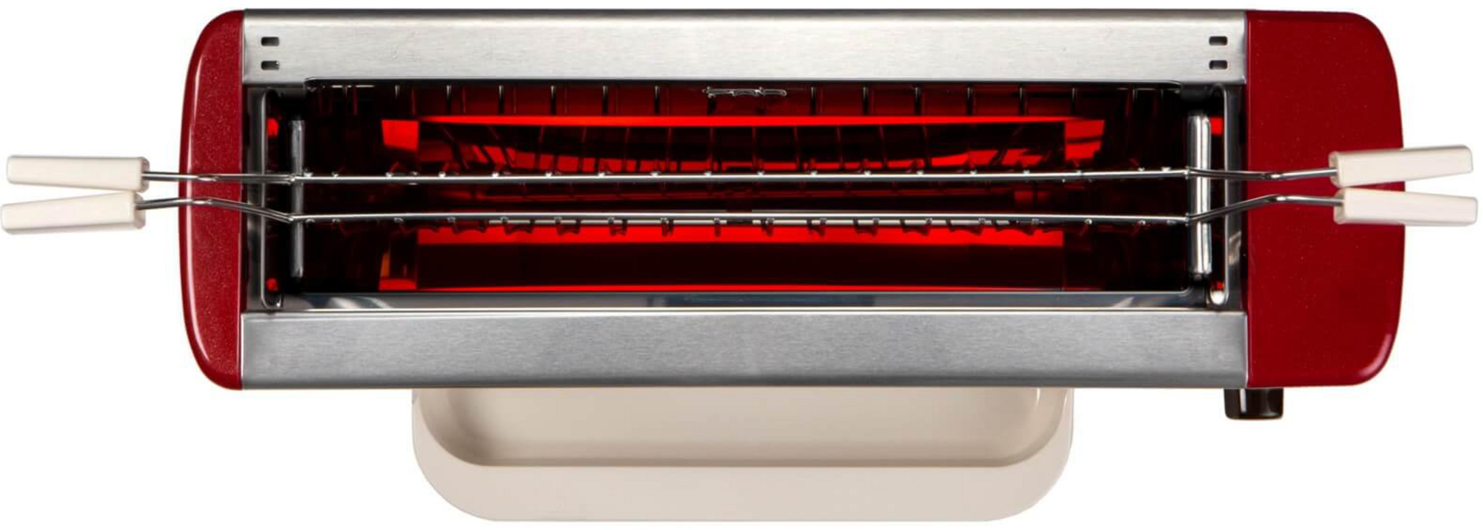 Un tostapane rosso con accenti argentati e due manici bianchi. Gli elementi riscaldanti brillano di rosso.