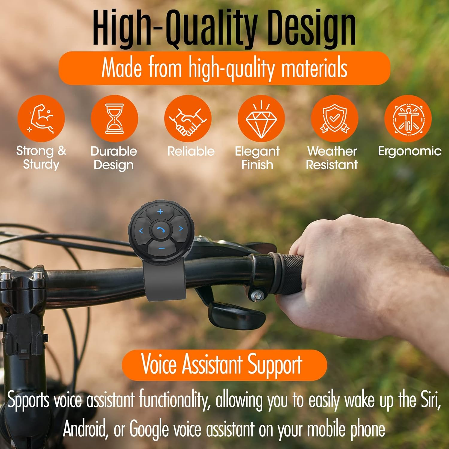 Fahrradlenker mit Sprachassistent-Controller und Icons für Designmerkmale.
