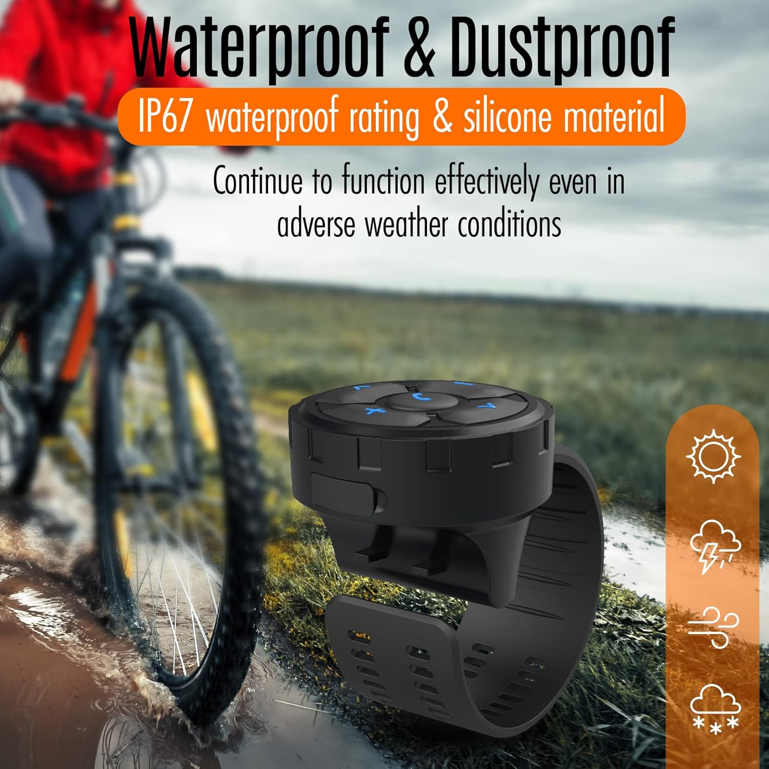 Wasserdichtes & staubdichtes Gerät am Handgelenk eines Radfahrers, der durch Schlamm fährt.