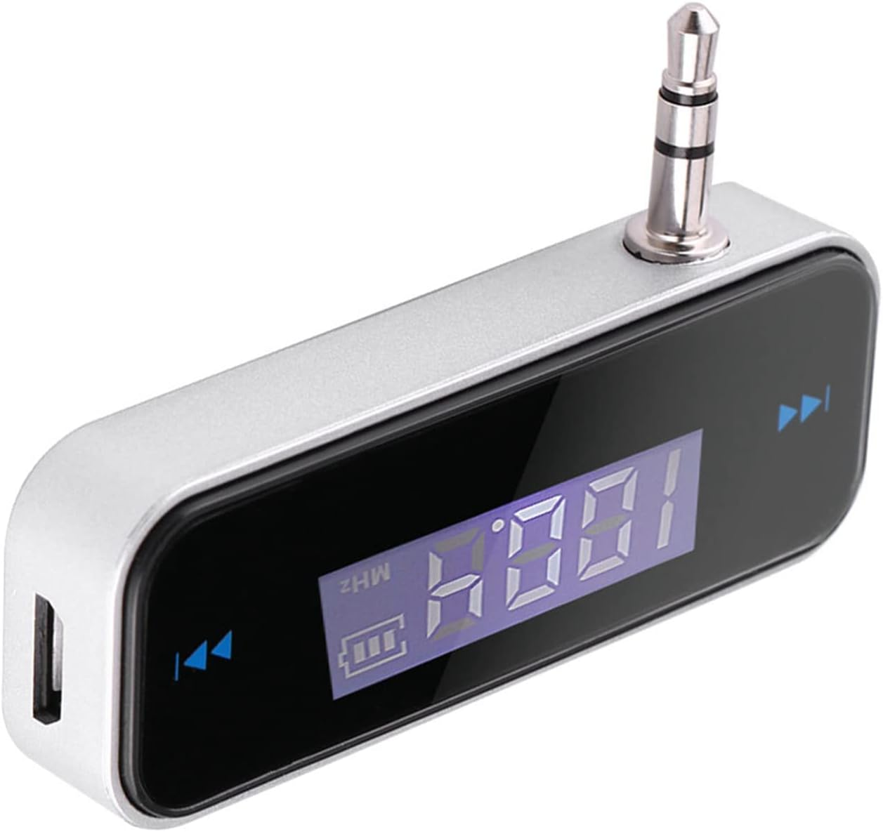 Ein silberner FM-Sender mit einem digitalen Display, das 100,4 MHz anzeigt.