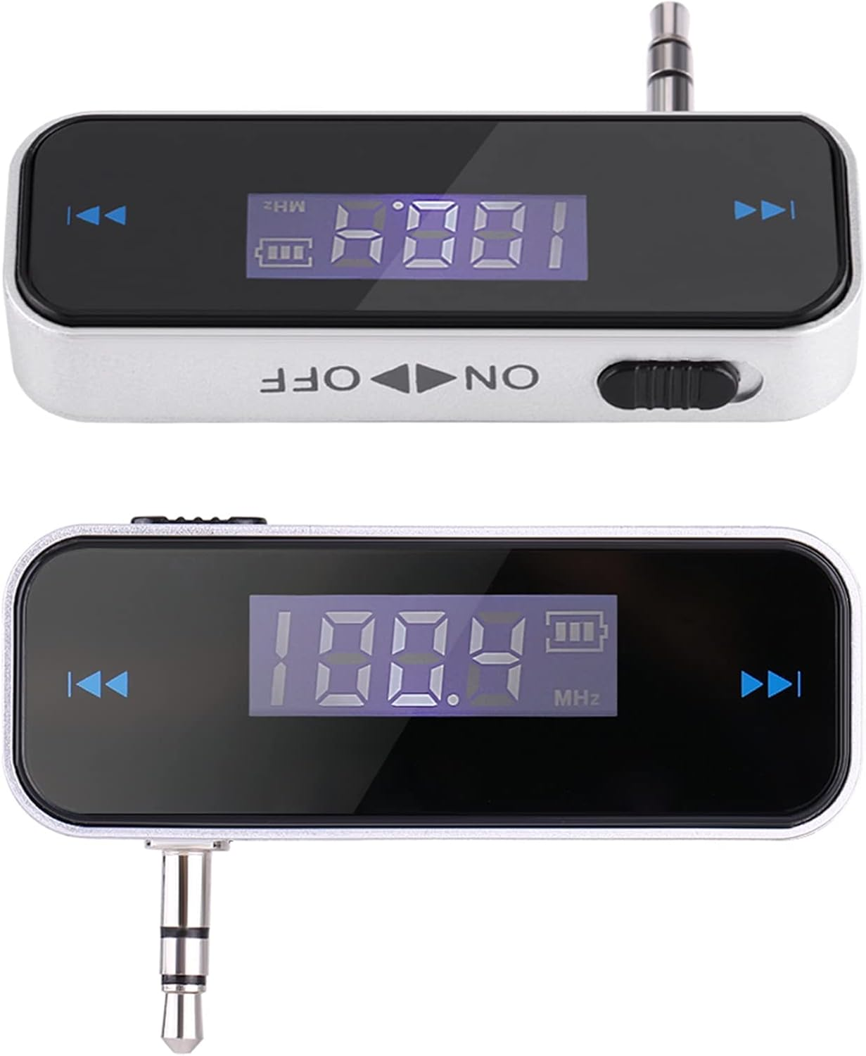 Ein silberner FM-Sender mit einem digitalen Display, das 100,1 MHz anzeigt.
