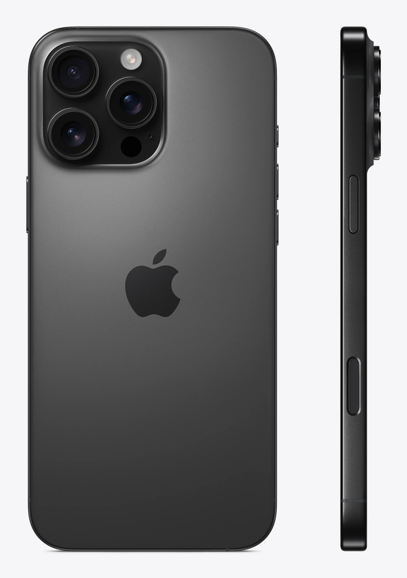 iPhone gris oscuro con sistema de triple cámara y logo de Apple. Vista lateral muestra perfil delgado.