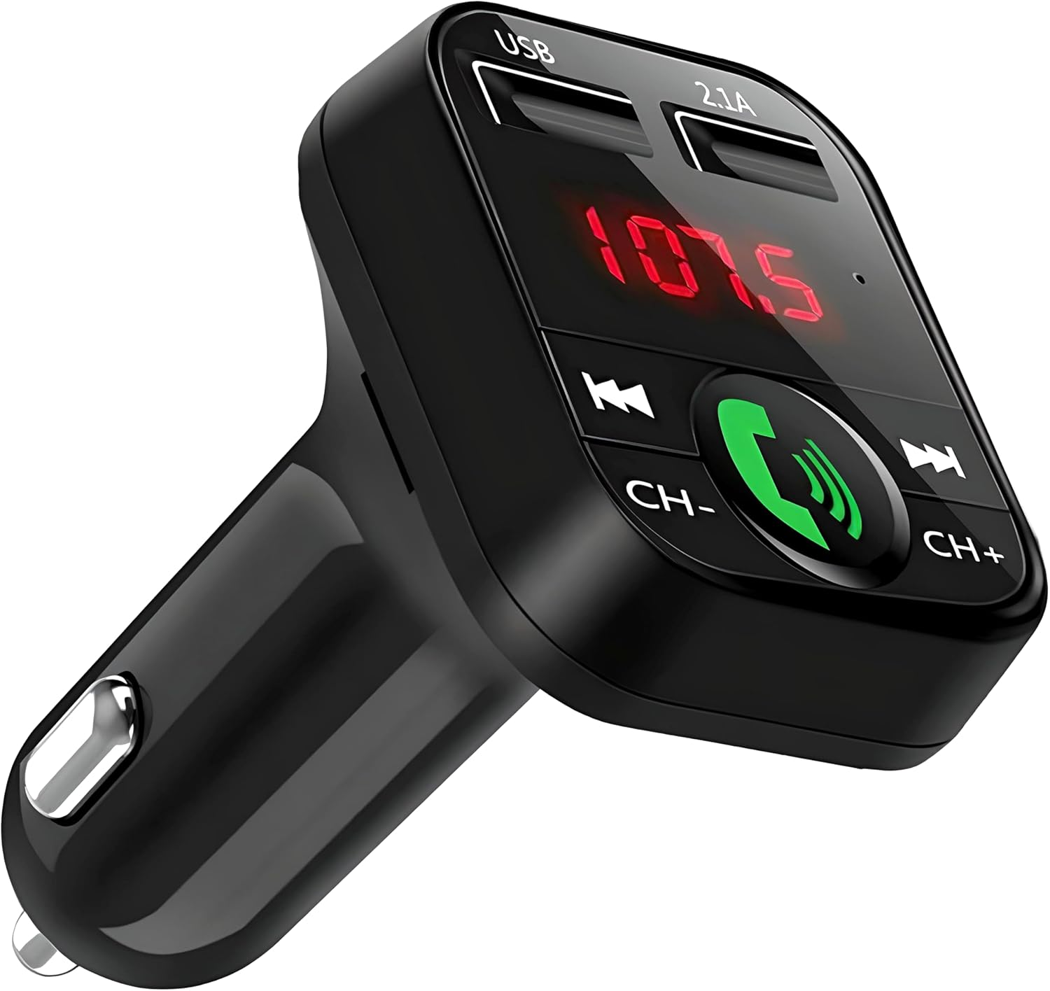 Schwarzes Autoladegerät mit USB-Anschlüssen und rotem LED-Display mit 107.5.