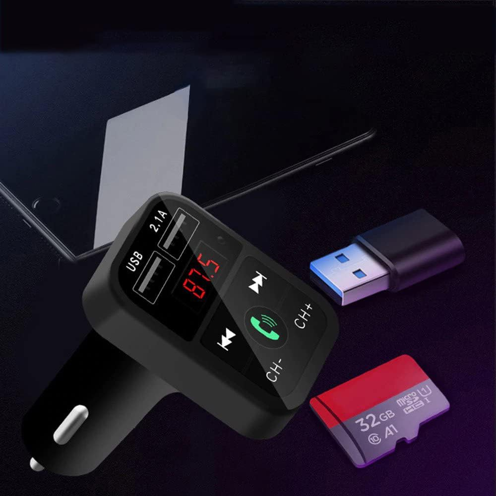 Ein schwarzer Auto-FM-Sender mit USB, SD-Karte und USB-Stick auf dunklem Hintergrund.