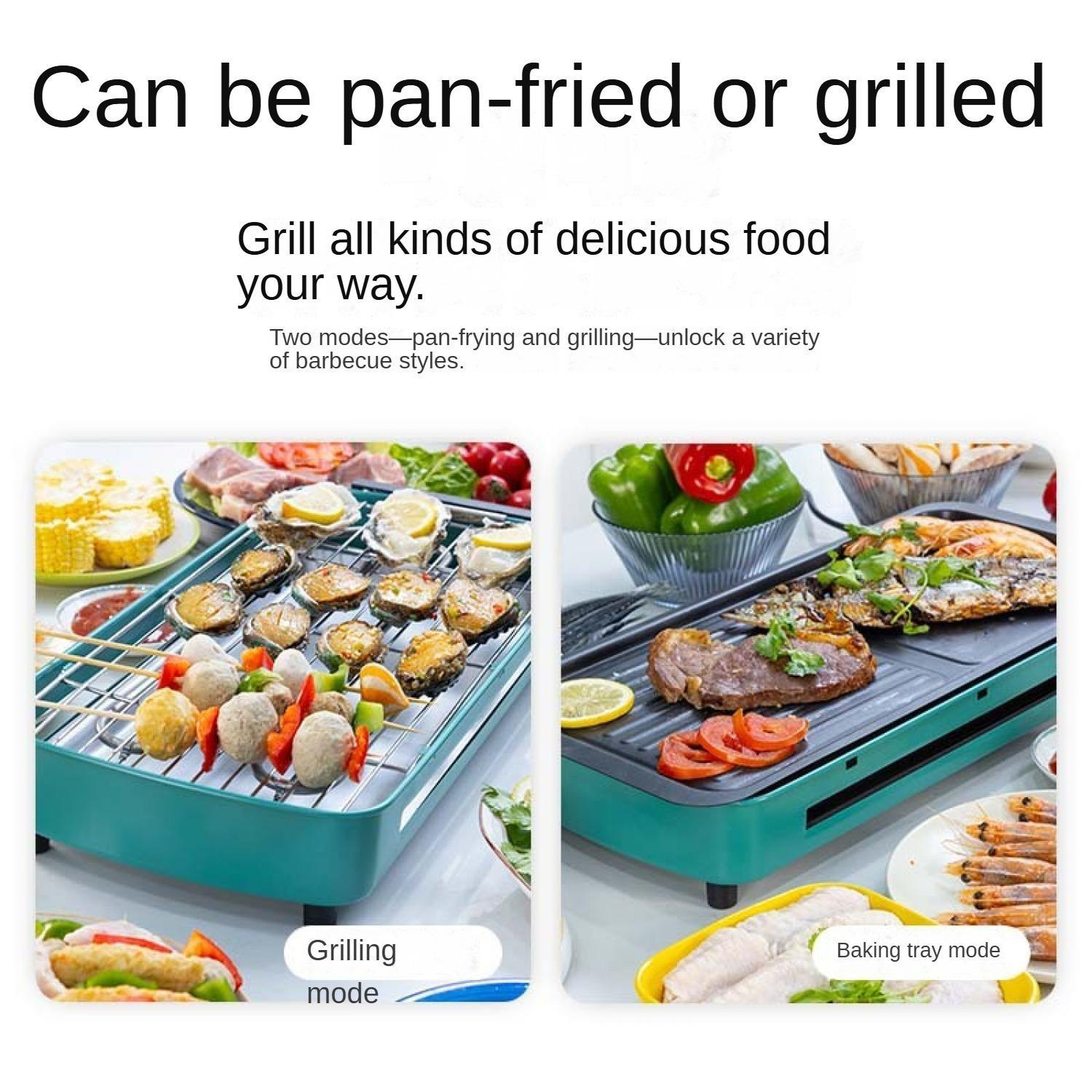 Ein Grillgerät mit zwei Modi: Grillen und Backen. Zeigt verschiedene Lebensmittel an.
