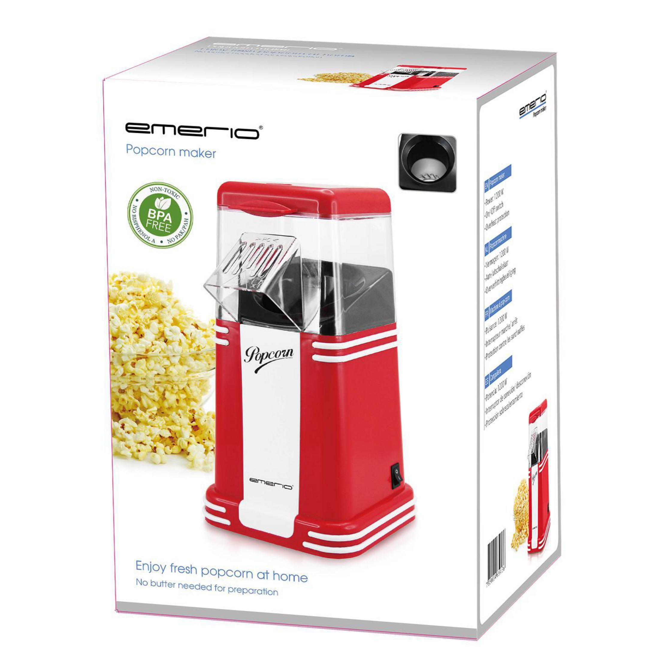 Máquina de palomitas Emerio roja con tapa transparente y palomitas al lado.