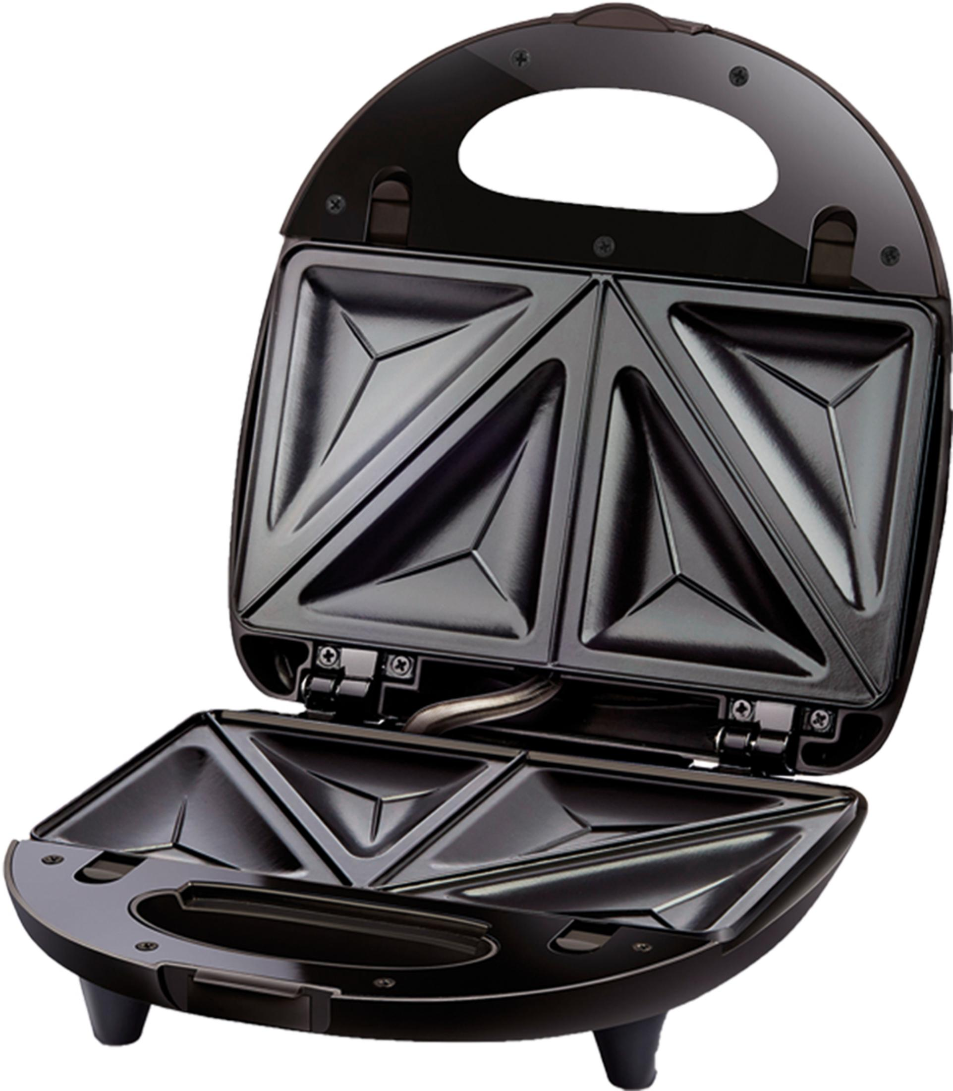 Ein schwarzer, geöffneter Sandwichmaker mit dreieckigen Heizplatten und einem Griff.