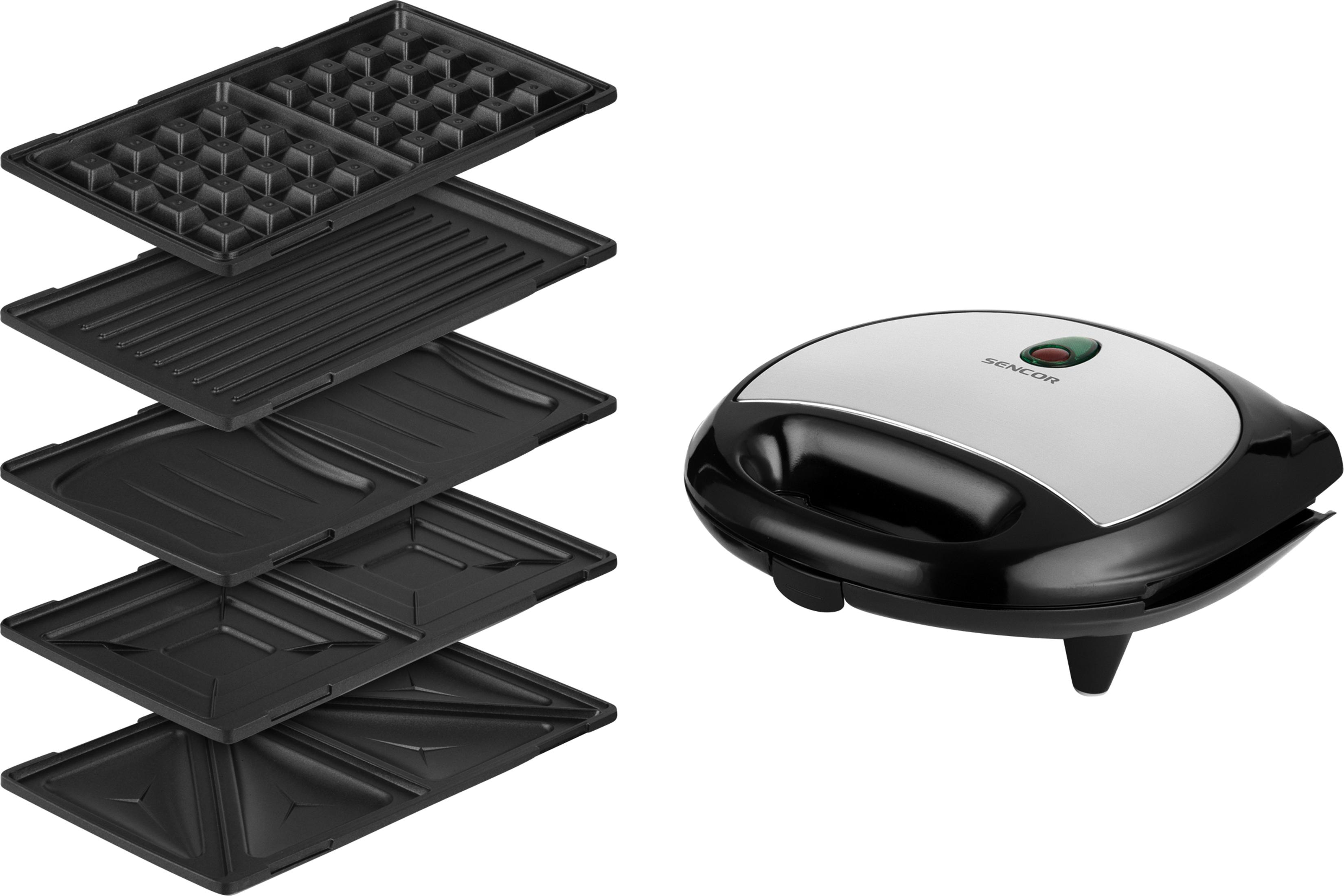 Schwarzer Kontaktgrill mit silberner Oberseite und austauschbaren Heizplatten.