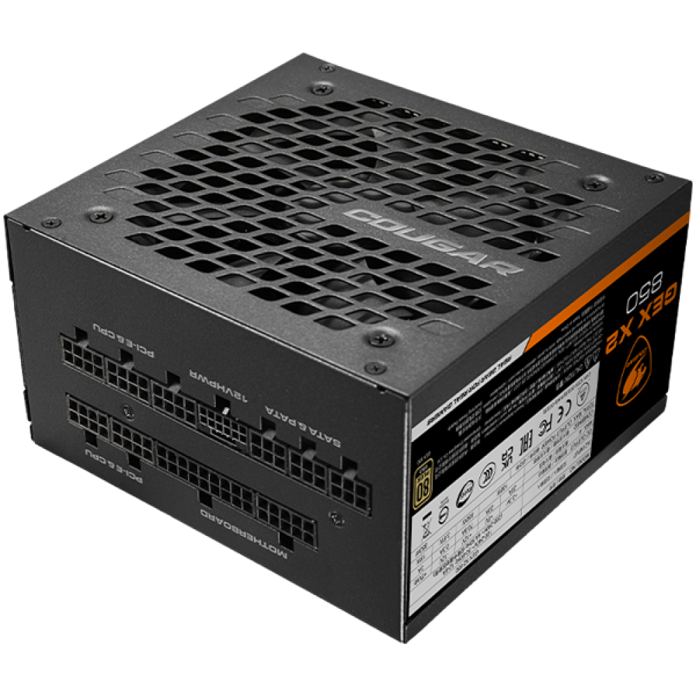 Czarny zasilacz Cougar GEX X2 850W z wieloma portami.