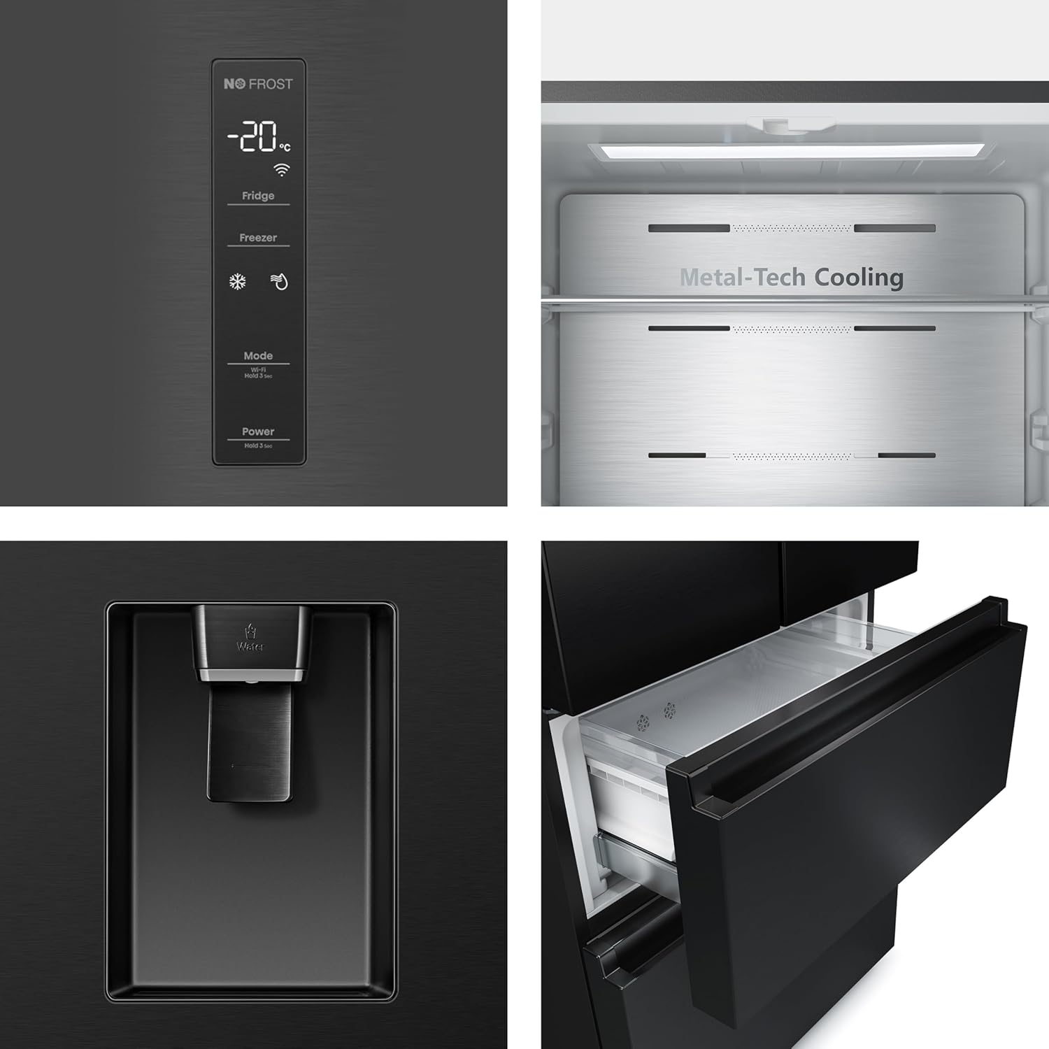 Moderno frigorifero nero con display digitale, dispenser di ghiaccio e cassetto.