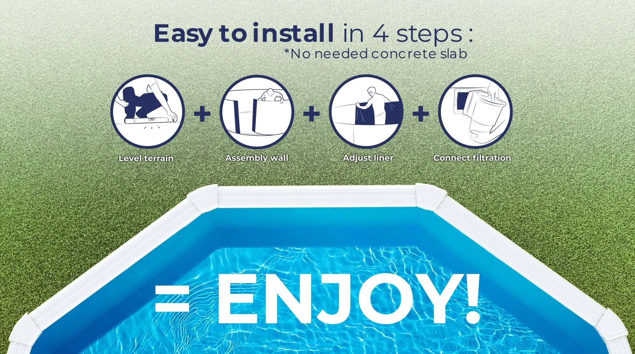 Instrucciones para fácil instalación de piscina en 4 pasos en césped.