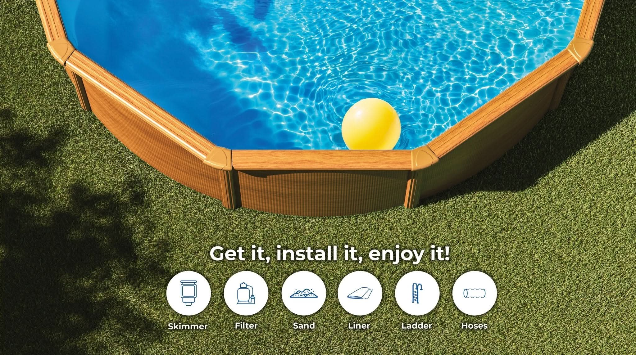 Una piscina hexagonal con agua azul y una pelota amarilla está sobre césped. Iconos muestran partes de la piscina.