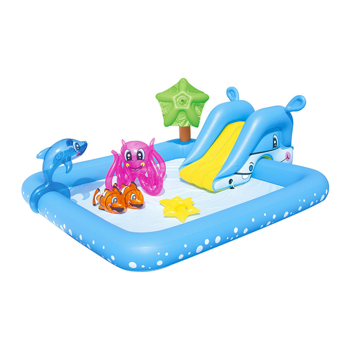 Una piscina inflable con delfín, pulpo, peces payaso, estrella y tobogán.