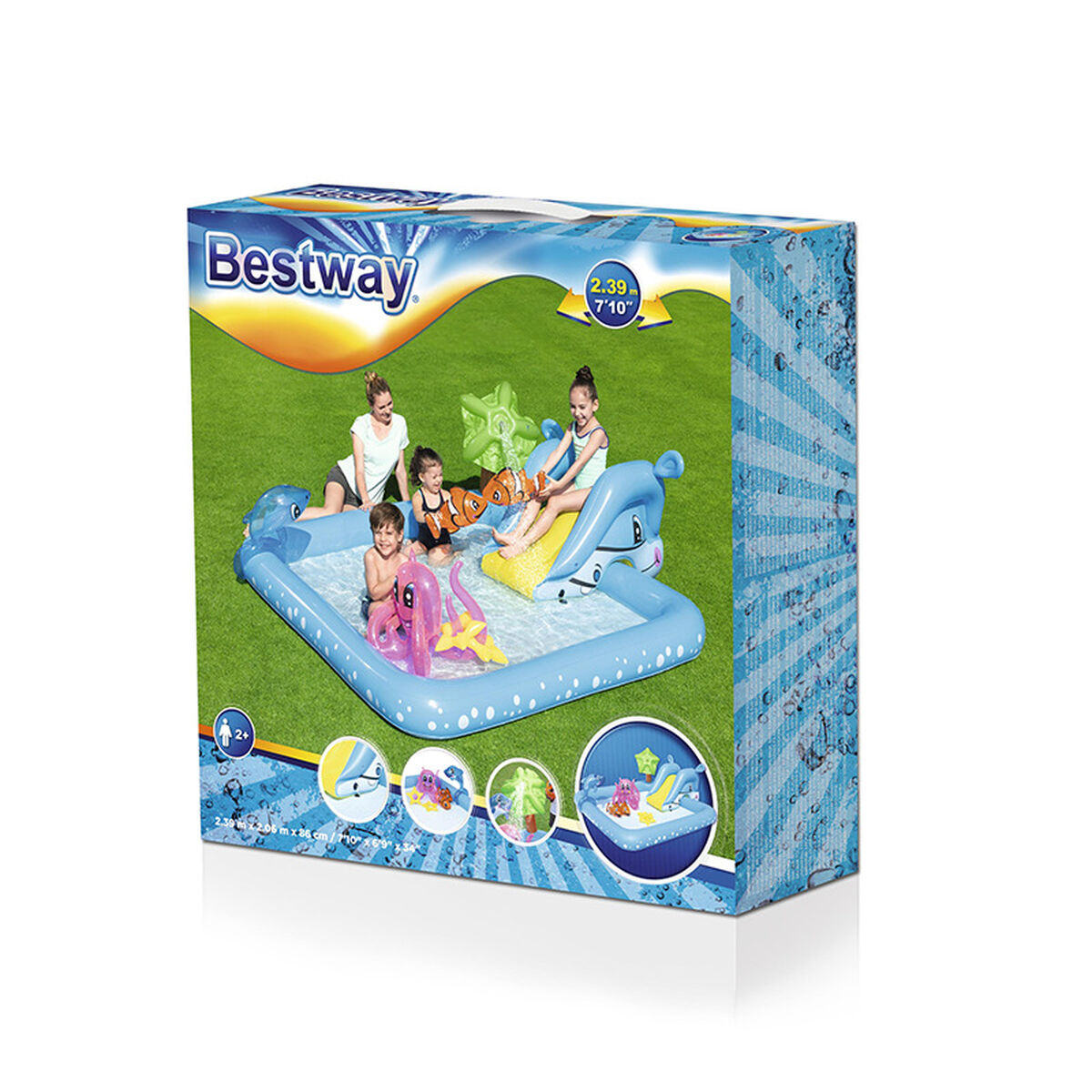 Piscina inflable Bestway con tobogán, delfín, estrella de mar y pulpo. Niños jugando.