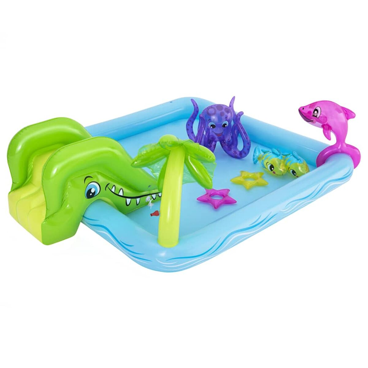 Piscina inflable con tobogán, pulpo, delfín, peces y estrellas.