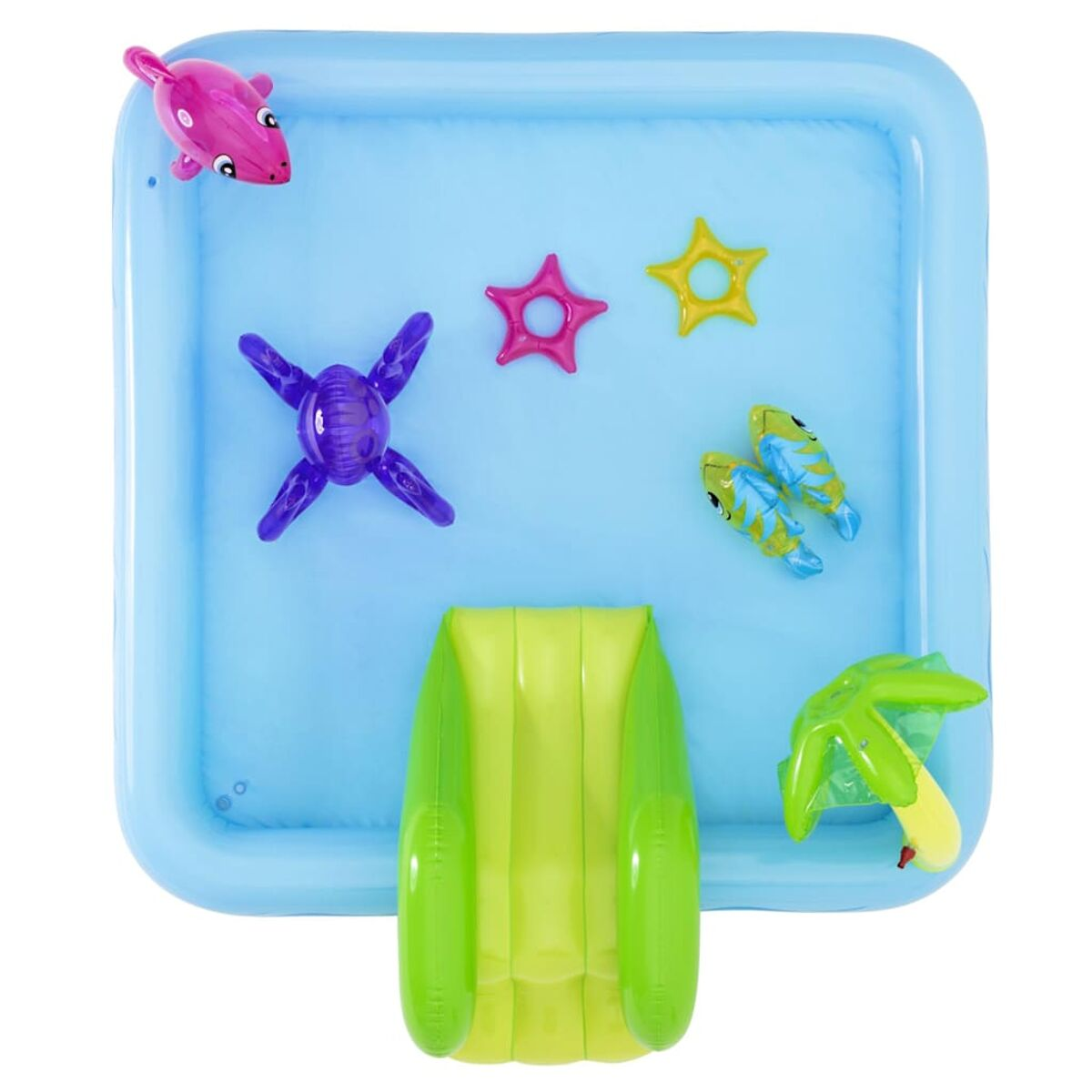Piscina inflable con juguetes: delfín, tortuga, peces, estrellas, palmera.