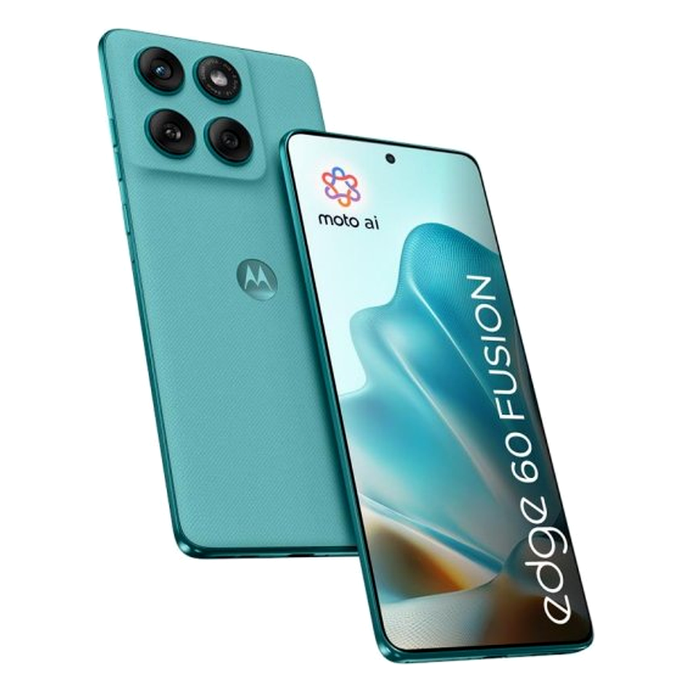 Turkusowy smartfon Motorola Edge 60 Fusion z czterema aparatami i logo.