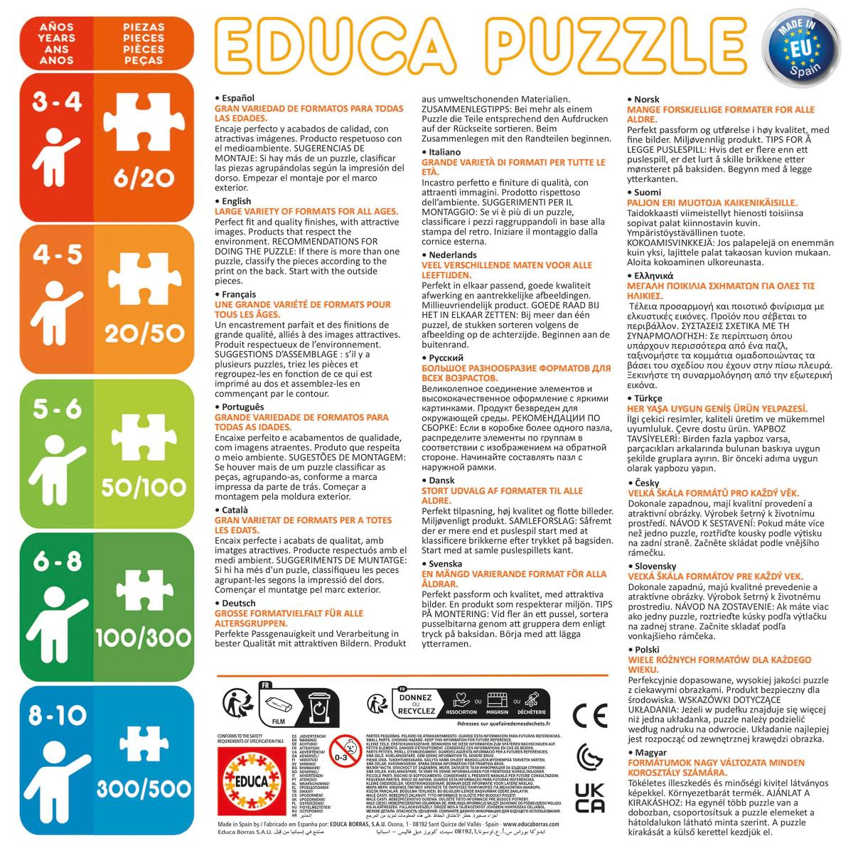 Puzzle-Informationen mit Altersgruppen, Teilen, Sprachen und Symbolen.