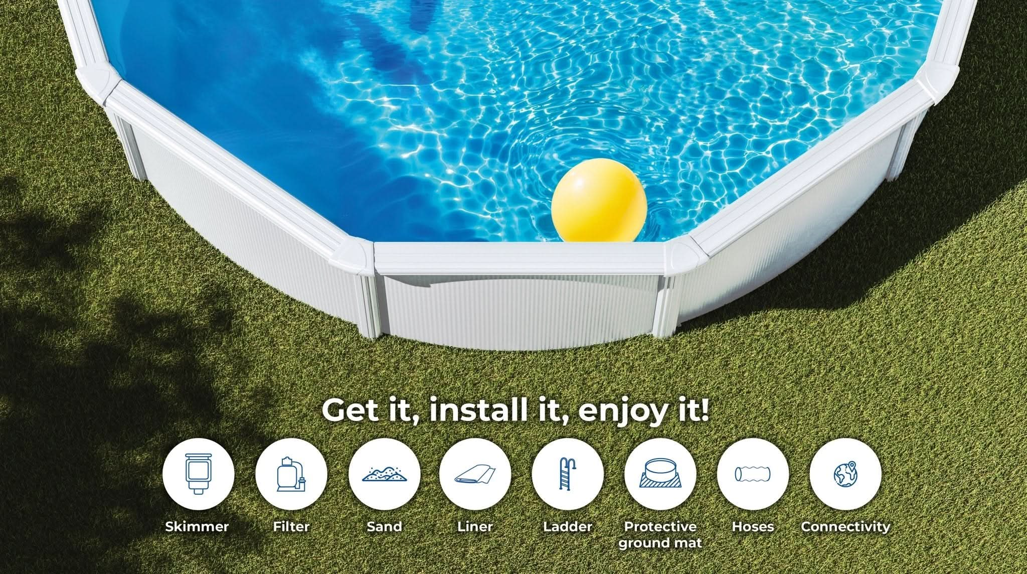 Piscina elevada con agua azul, pelota amarilla, césped verde e iconos.