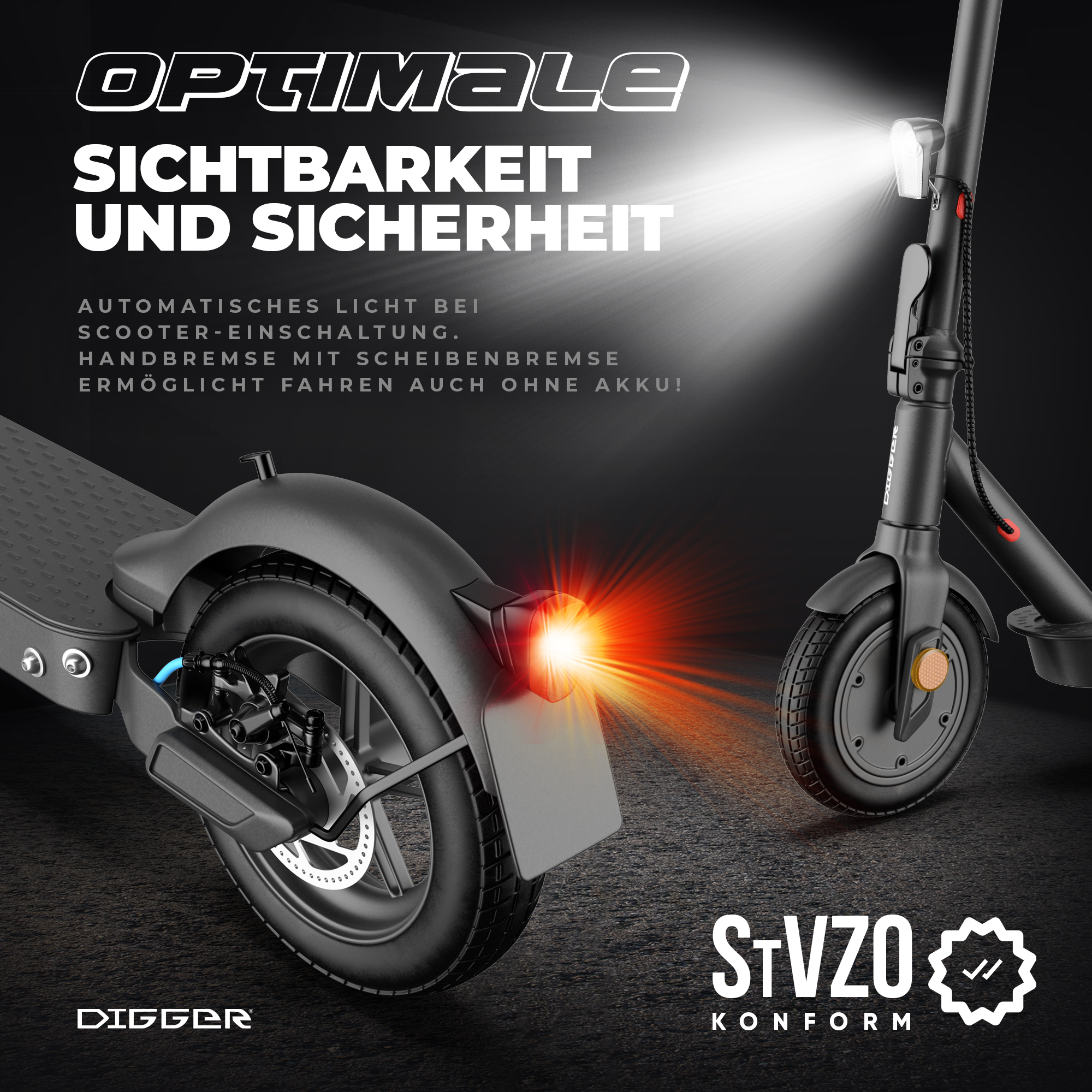 Ein schwarzer E-Scooter mit beleuchtetem Vorderlicht und Rücklicht.